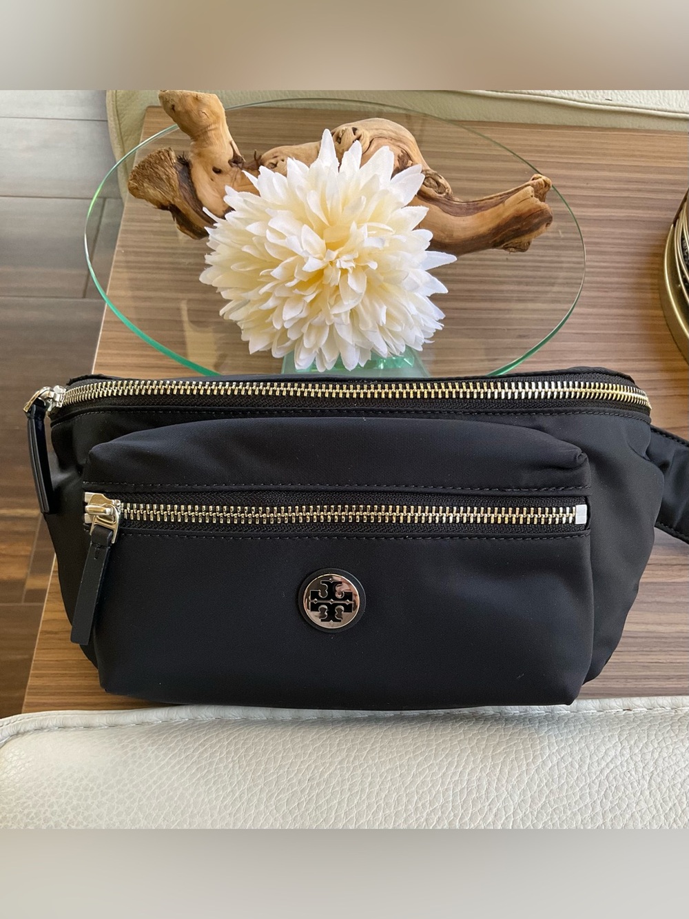 Tory Burch Black Nylon Belt Bag with Gold Hardware Accents